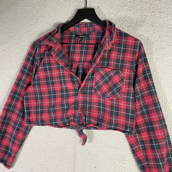 Forever 21 Plaid Flannel Button Front Long Sleeve Crop Tie Shirt Red L - Picture 7 of 9